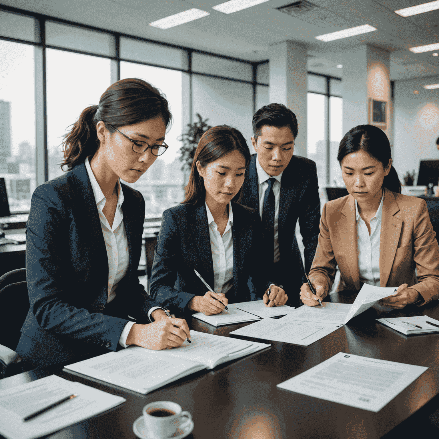 A group of diverse insurance professionals reviewing policy documents in a modern office setting, with Japanese cultural elements visible in the background