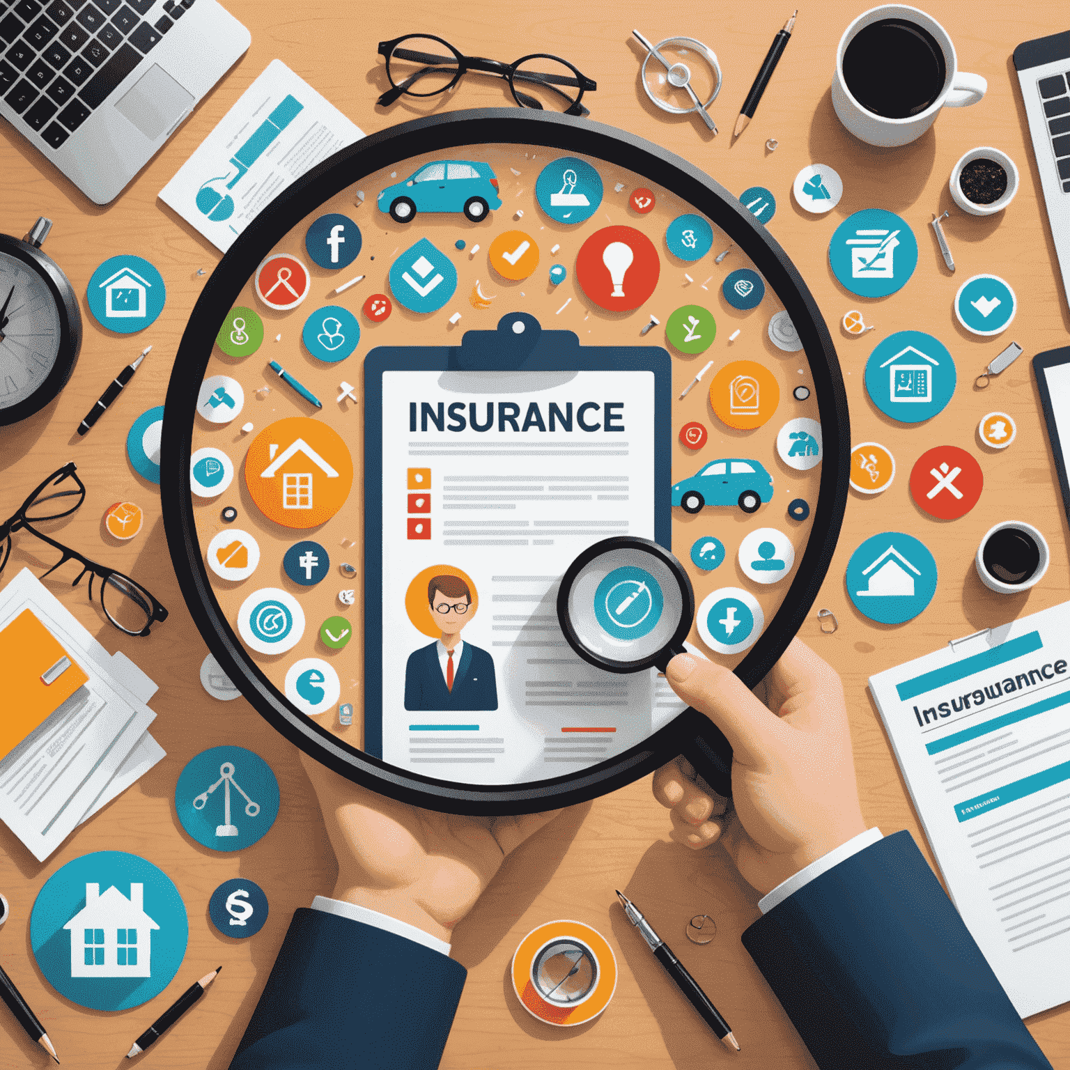 Illustration of a person reviewing insurance policies with a magnifying glass, surrounded by icons representing different types of insurance such as home, auto, and health