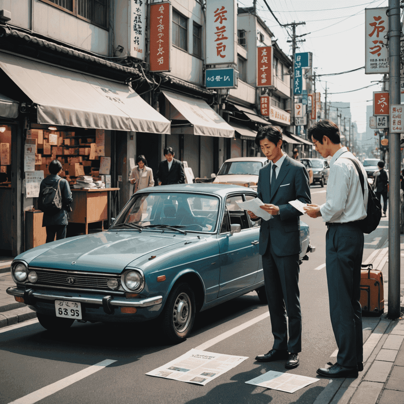 A Japanese street with cars and a foreigner looking at insurance documents, symbolizing expats navigating auto insurance in Japan