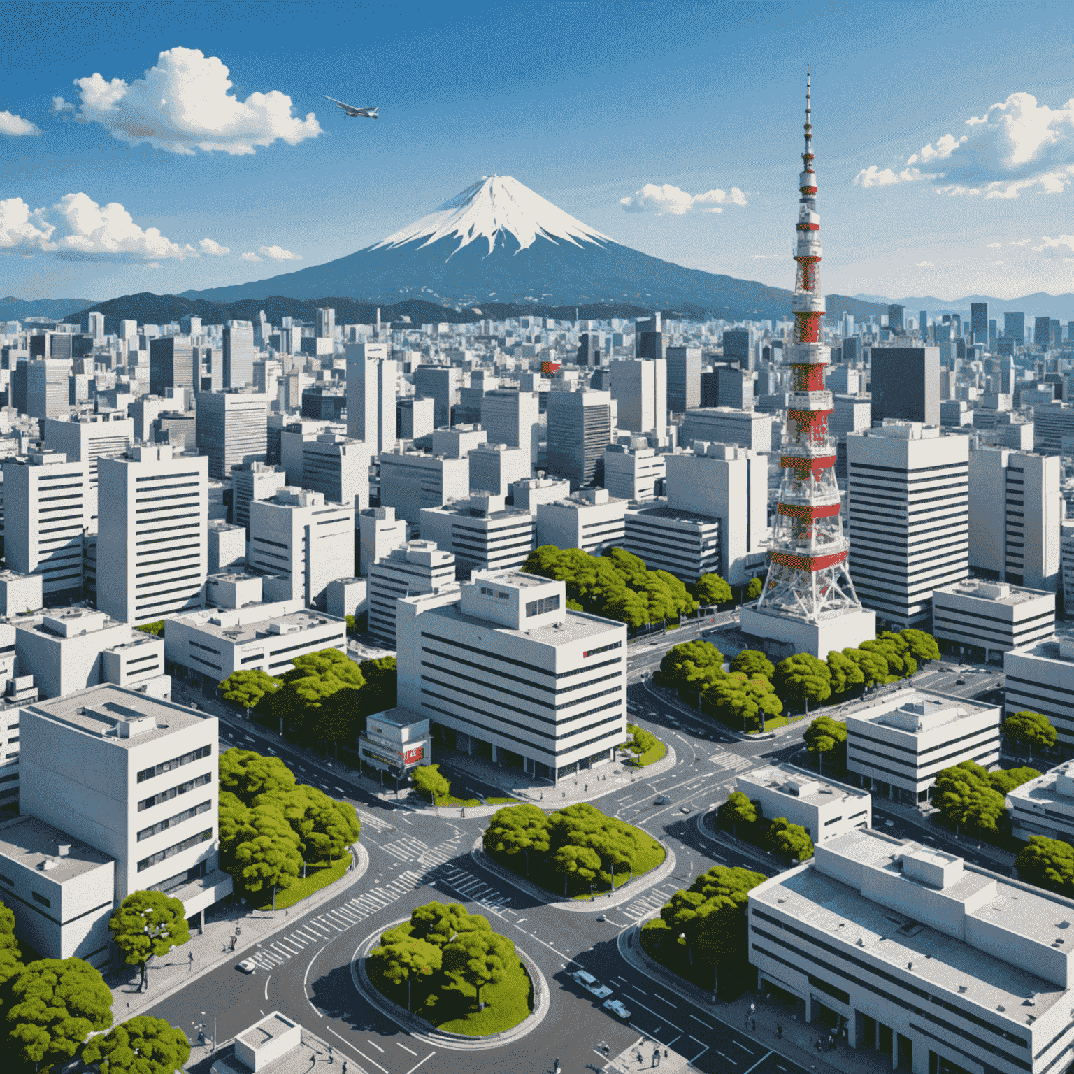 Illustration of Japanese healthcare system showing a mix of public and private insurance options, with iconic Japanese landmarks in the background