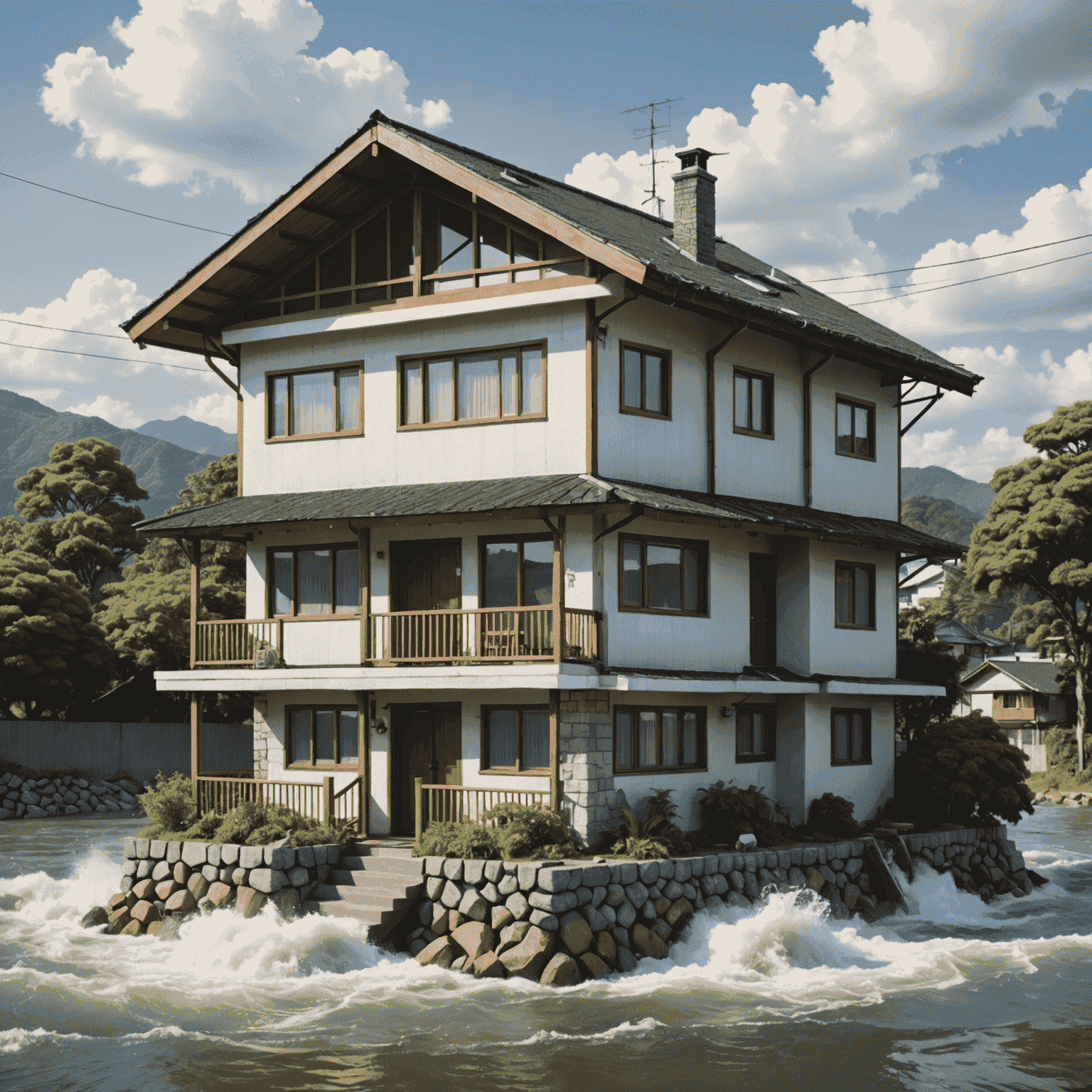 Illustration of a house protected from various natural disasters like earthquake, typhoon, and flood