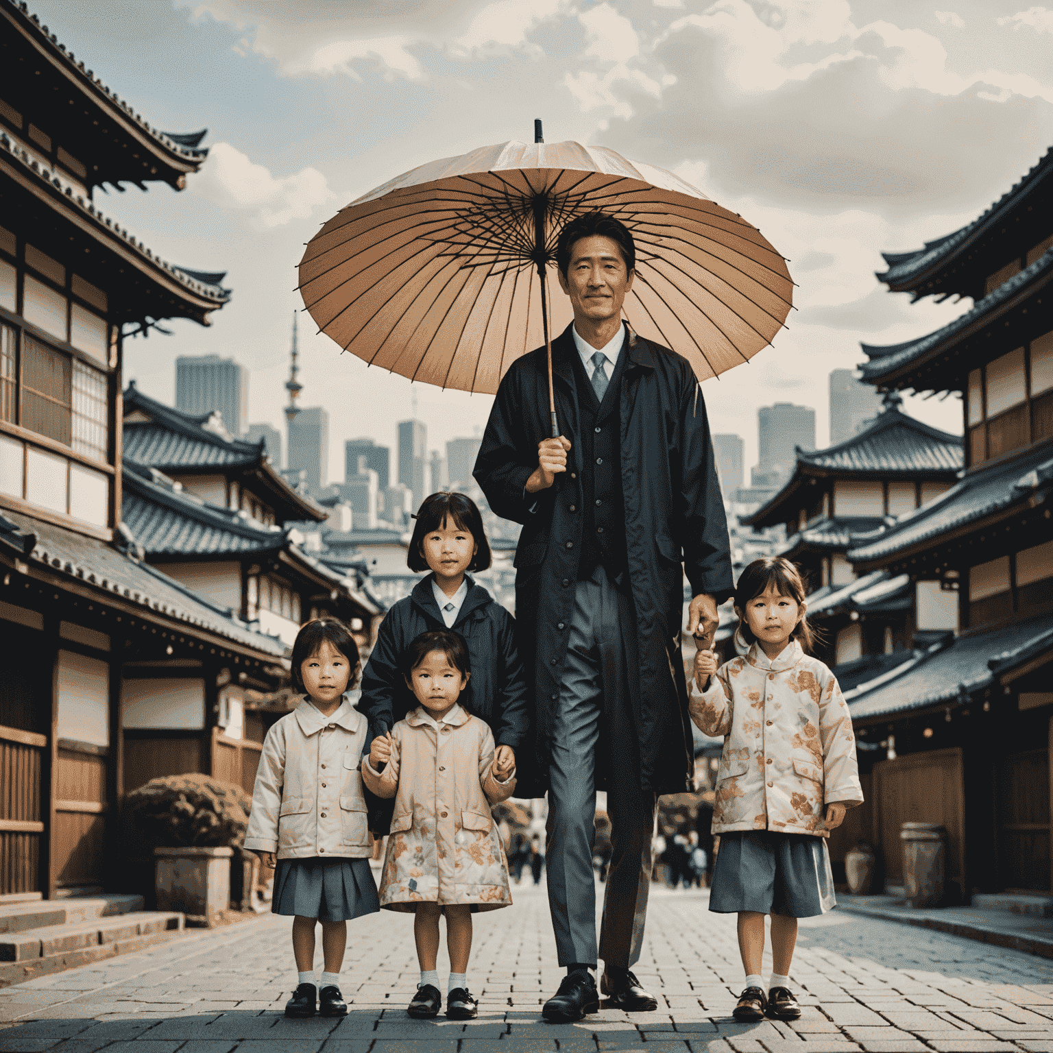 A Japanese family standing together, with a protective umbrella symbolizing life insurance coverage over them. The backdrop shows a mix of traditional Japanese architecture and modern cityscape.