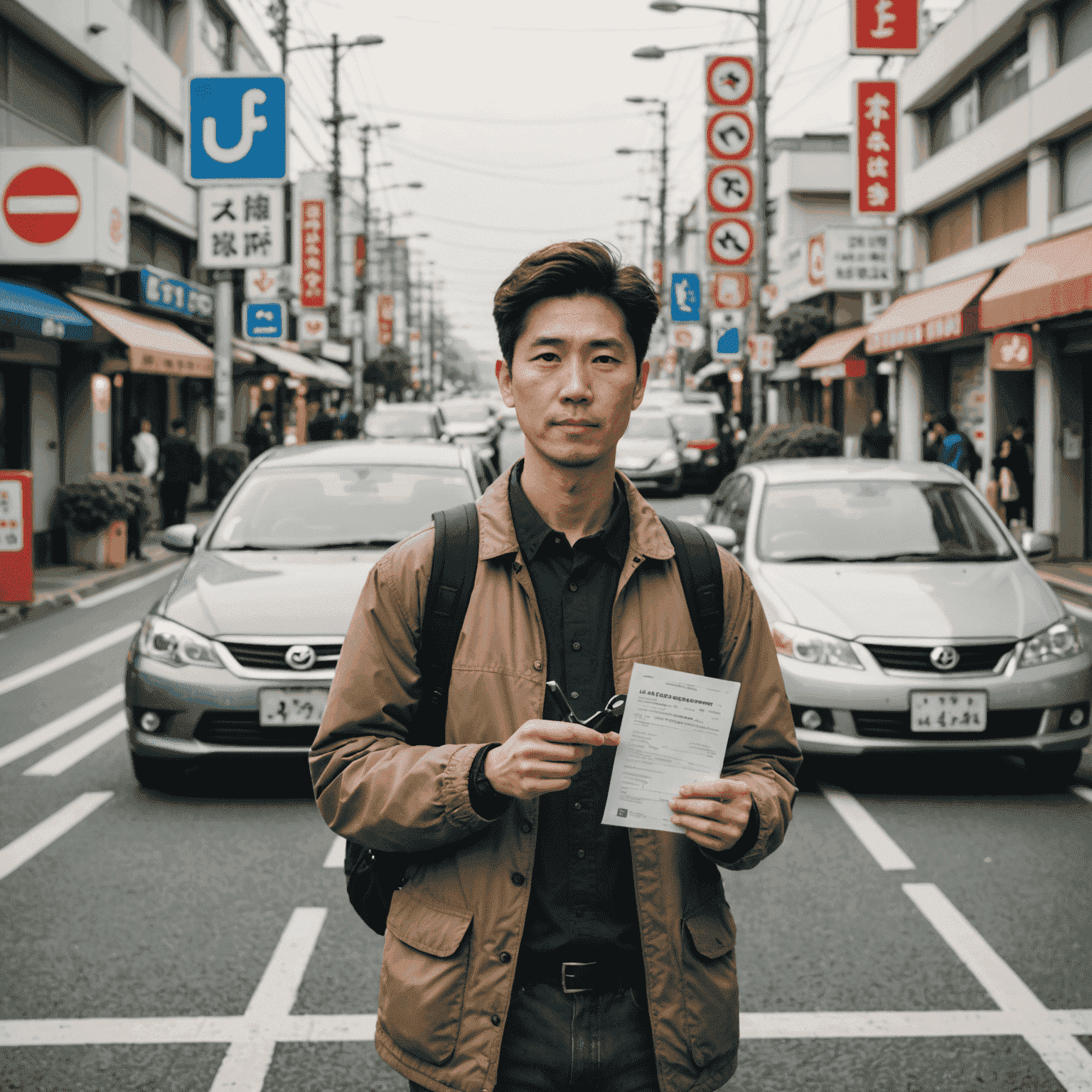 An expat standing next to a car in Japan, holding car keys and an insurance document, with Japanese road signs in the background