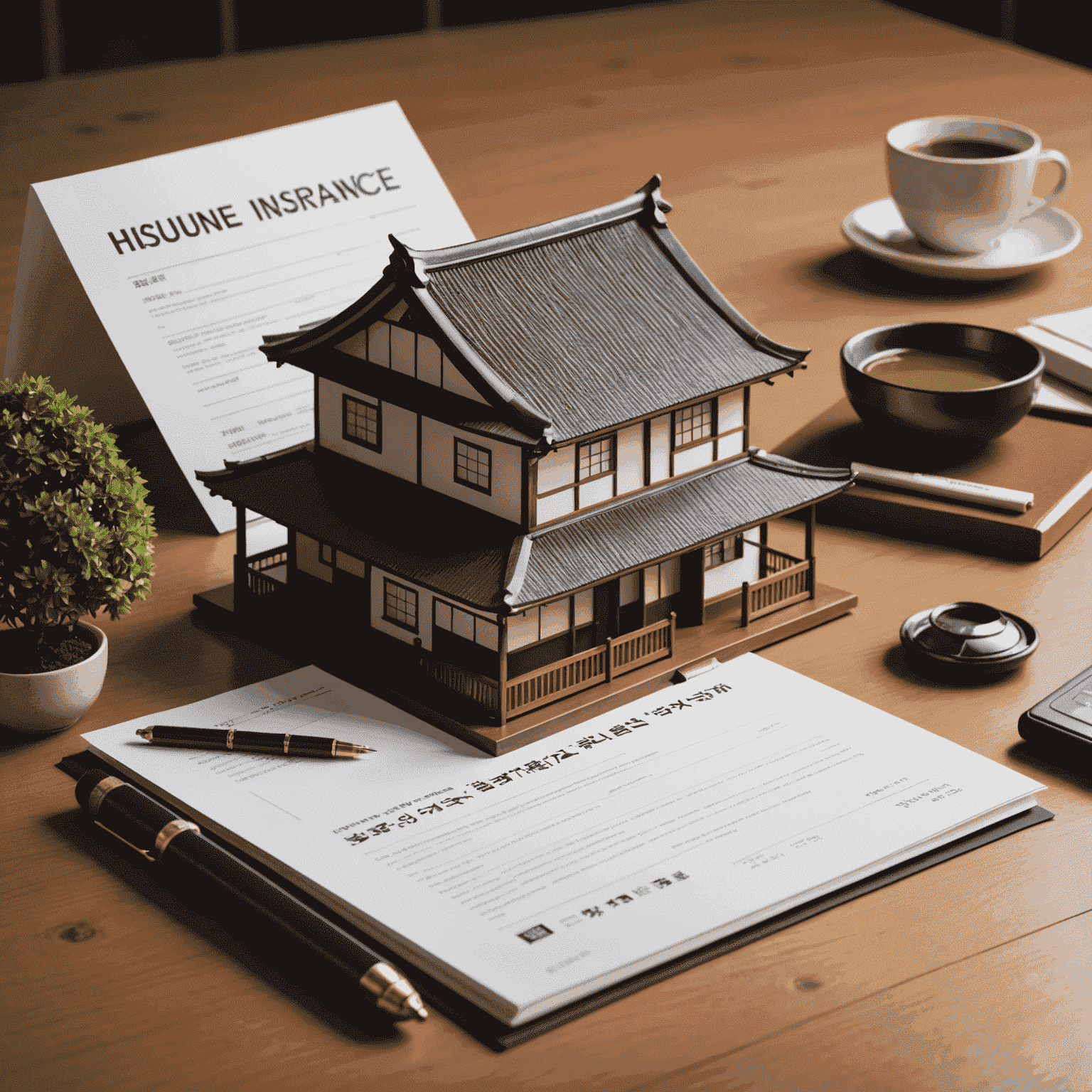 A Japanese house with a insurance policy document overlay, symbolizing home insurance in Japan