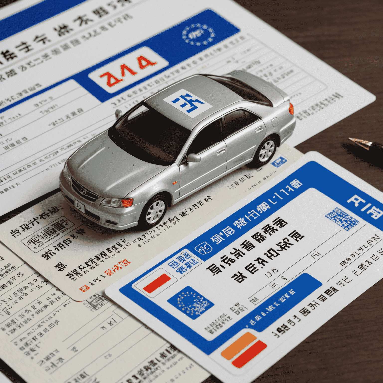 A car with Japanese license plate next to insurance documents and a passport, representing auto insurance for expats in Japan