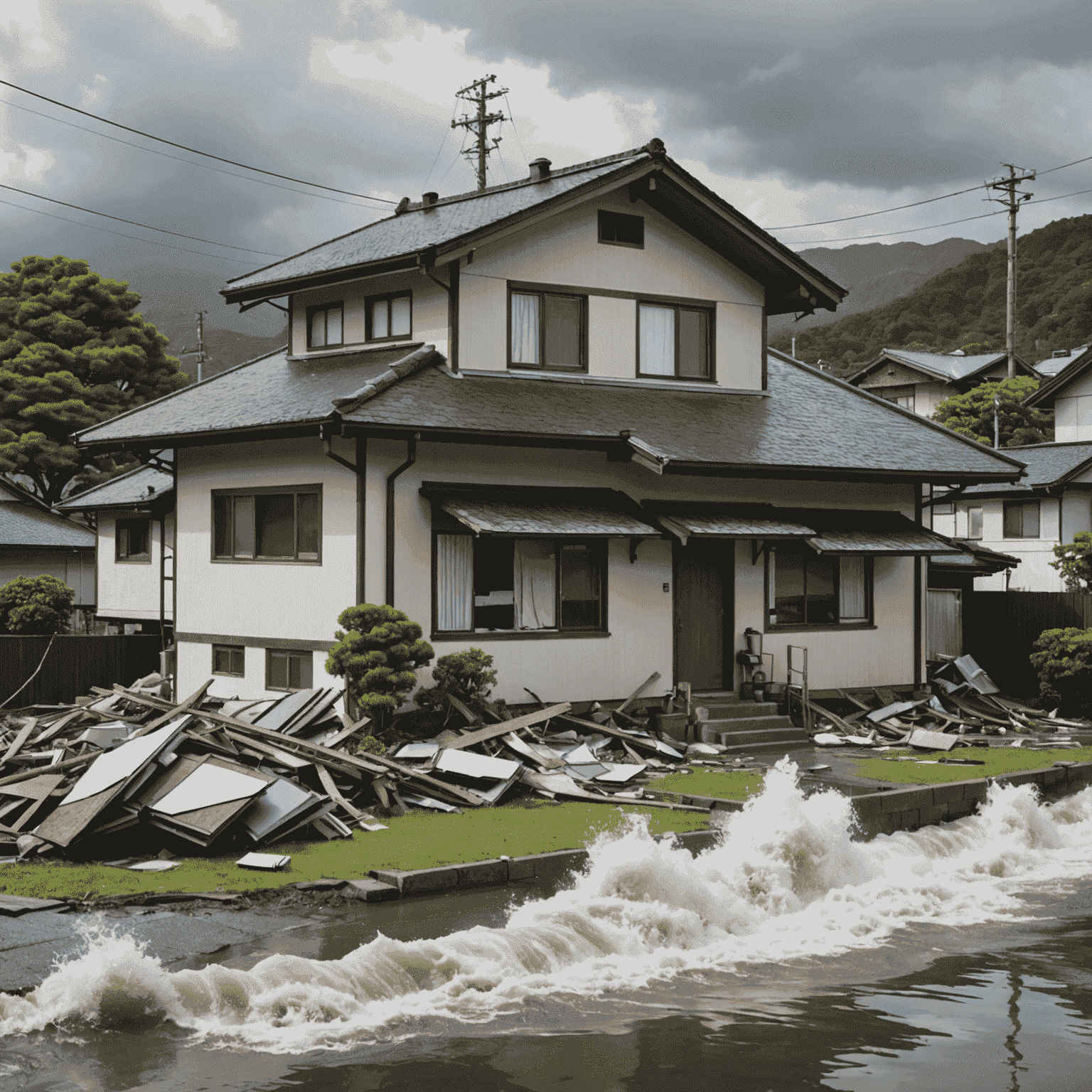 A collage of natural disasters common in Japan (earthquake, typhoon, flood) with an insurance policy shield protecting a house