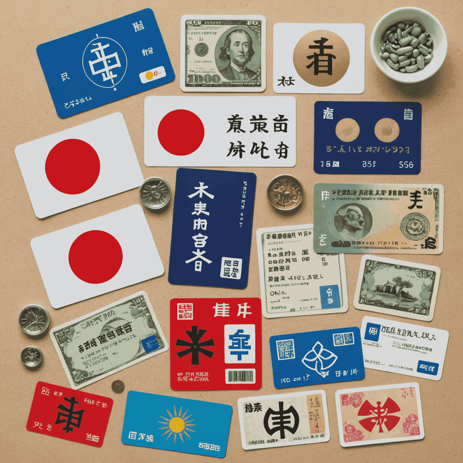 A collage of medical symbols, Japanese yen, and insurance cards representing health insurance options in Japan