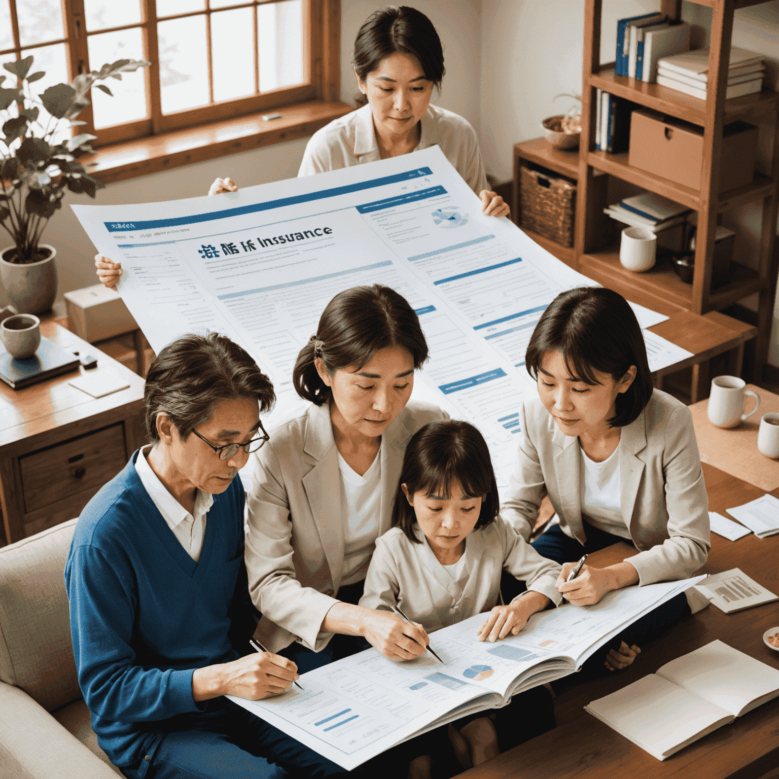 A Japanese family looking at life insurance documents, with icons representing different policy types floating around them